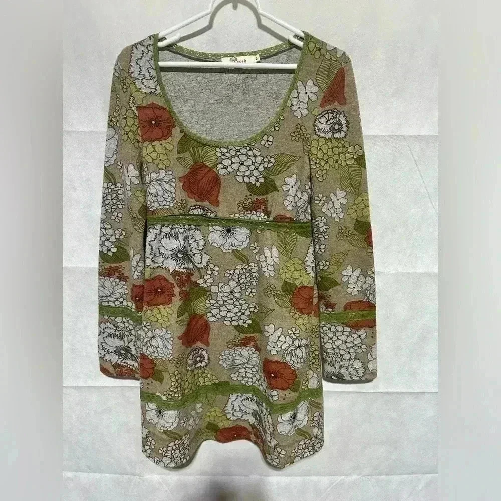 Anthropologie Aryeh Women’s M Boho Floral Retro Sweater Dress Lace Orange Green